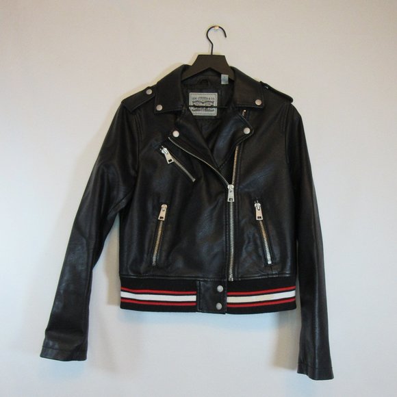 Levi's Jackets & Blazers - Levi's Black Faux Leather Asymmetrical Zip Moto Jacket Red Stripe Accent